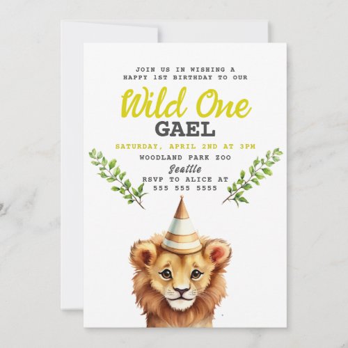 Wild One Lion Jungle Party Birthday Invitation