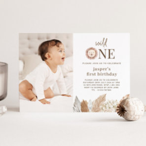 Wild One Lion Neutral Leaves Photo Invitation