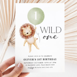Wild One Lion Sage Balloon Boys 1st Birthday Party Invitation