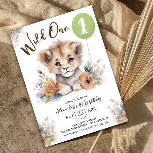 Wild One Lion Sage Green Balloon 1st Birthday Boy Invitation