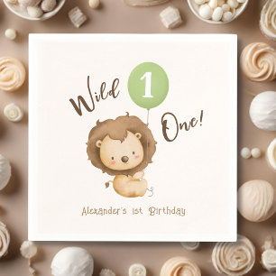 Wild One Lion Sage Green Balloon Boy 1st Birthday Napkins