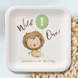 Wild One Lion Sage Green Balloon Boy 1st Birthday Paper Plates