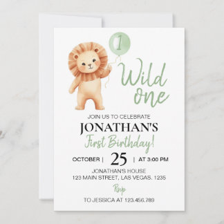 Wild One Lion Sage Green Balloon Boys Birthday Invitation