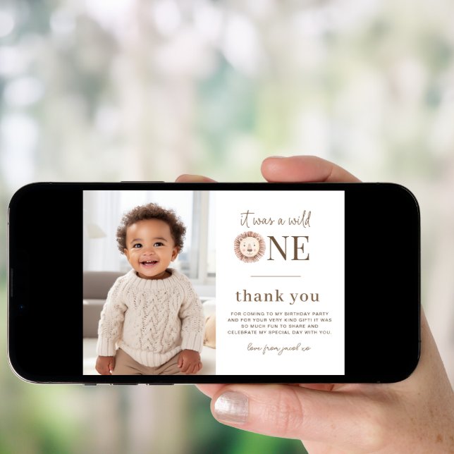 Wild One Lion Thank You Card with Photos on Back (Front Digital)