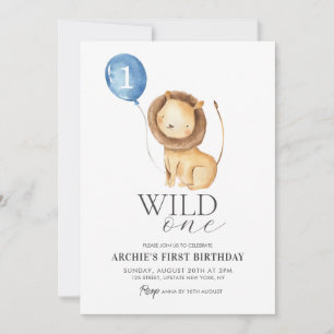 Wild One Lion Watercolor Balloon Boys 1st Birthday Invitation