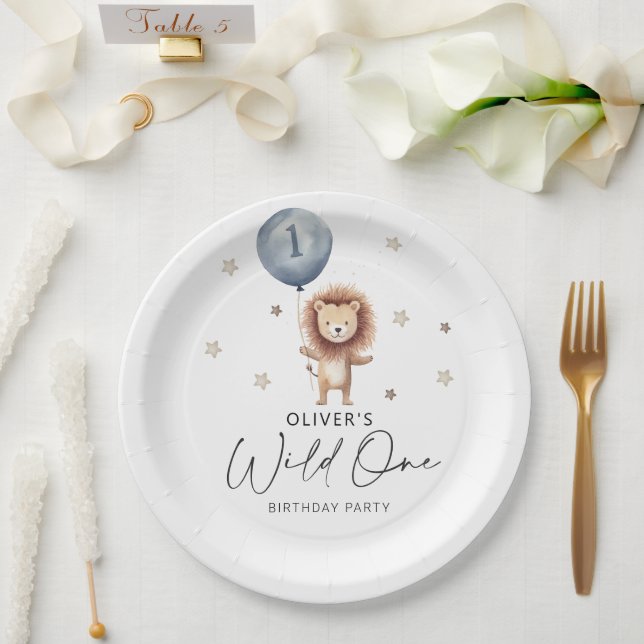 Wild One Lion With Ballon First Birthday  Paper Plates (Wedding)