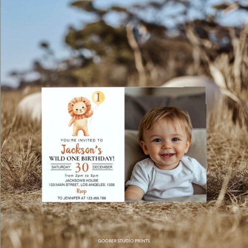 Wild One Lion Yellow Balloon Boys Birthday Photo Invitation