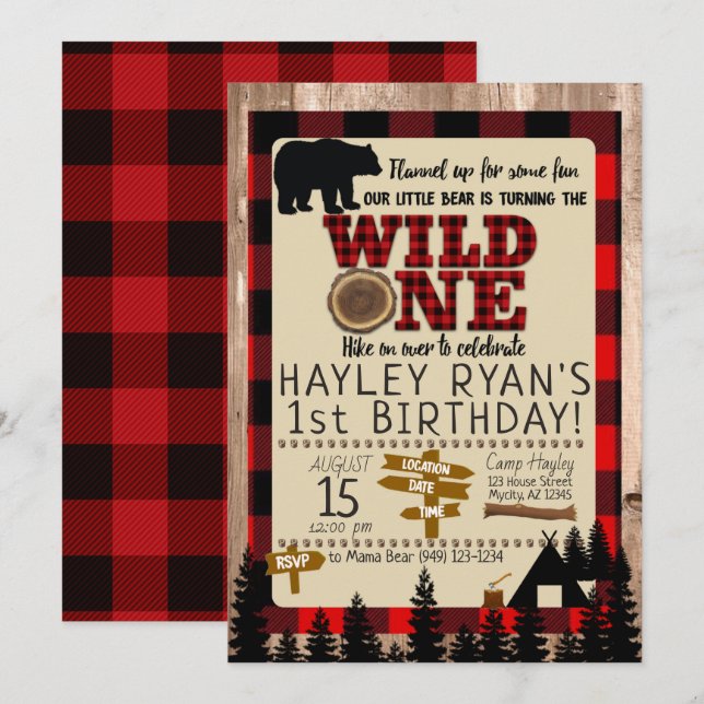 Wild One Little Bear Red Plaid 1st Birthday Invitation (Front/Back)