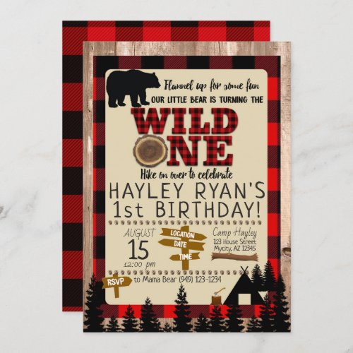 Wild One Little Bear Red Plaid 1st Birthday Invitation