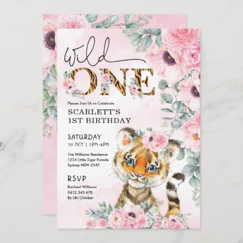 Wild One Little Tiger 1st Birthday Pink Floral Invitation