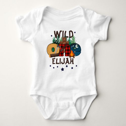 Wild one Lumberjack Birthday Boy  Woodland Bear Baby Bodysuit