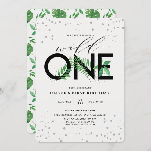 Wild One Modern Tropical Greenery 1st Birthday Invitation