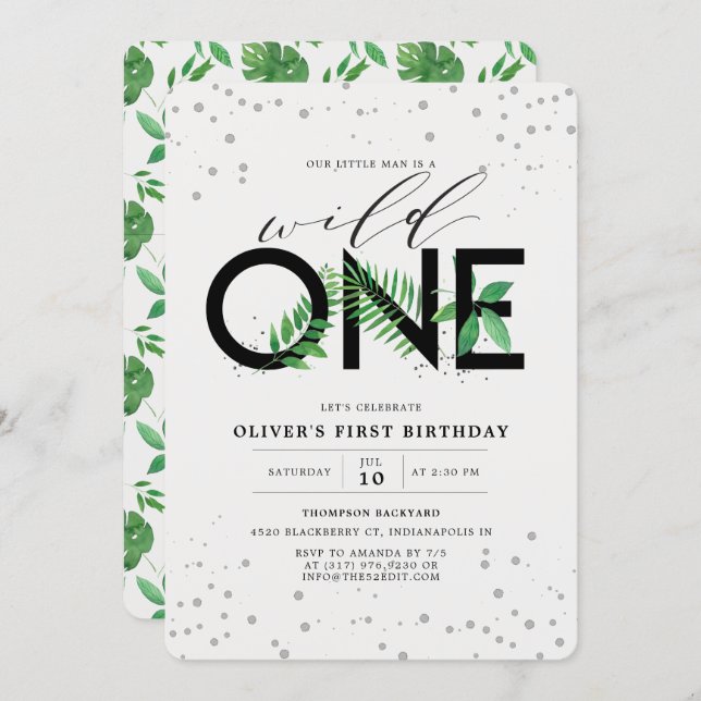 Wild One Modern Tropical Greenery 1st Birthday Invitation (Front/Back)