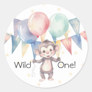 Wild One Monkey and Balloons 1st. Birthday Party Classic Round Sticker