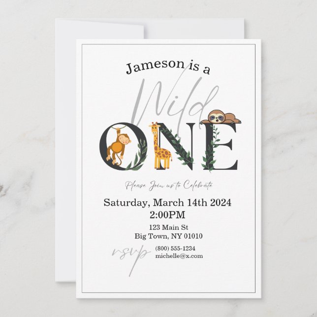 Wild One-Monkey, Giraffe, Sloth Jungle Invite (Front)