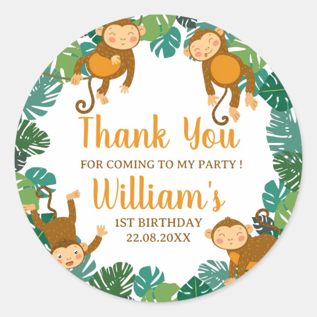 Wild One Monkey Safari Thank You Birthday Sticker (Front)