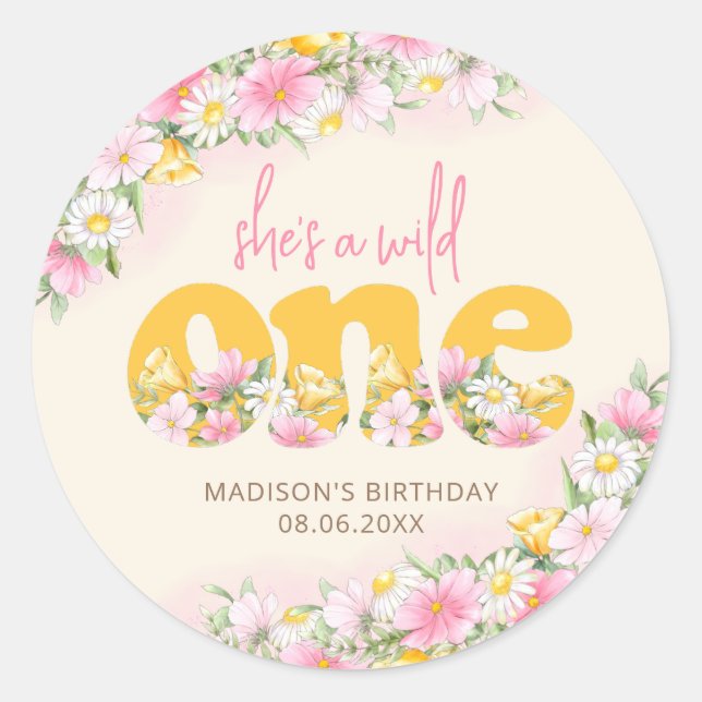 Wild One Mustard & Pink Wildflower Birthday Classic Round Sticker (Front)