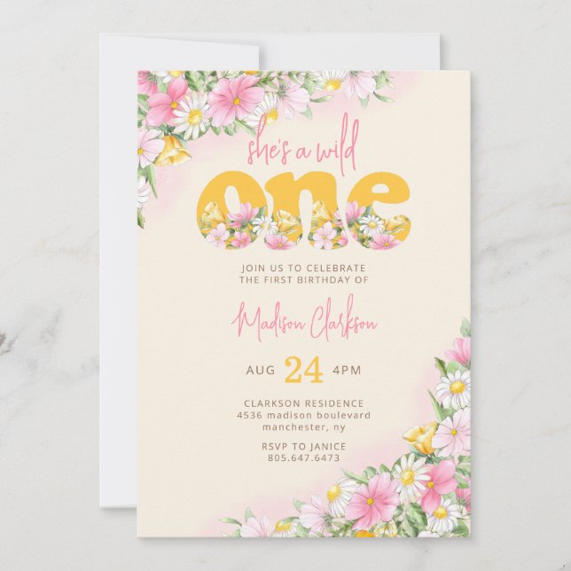 Wild One Mustard & Pink Wildflower Birthday Invitation (Front)
