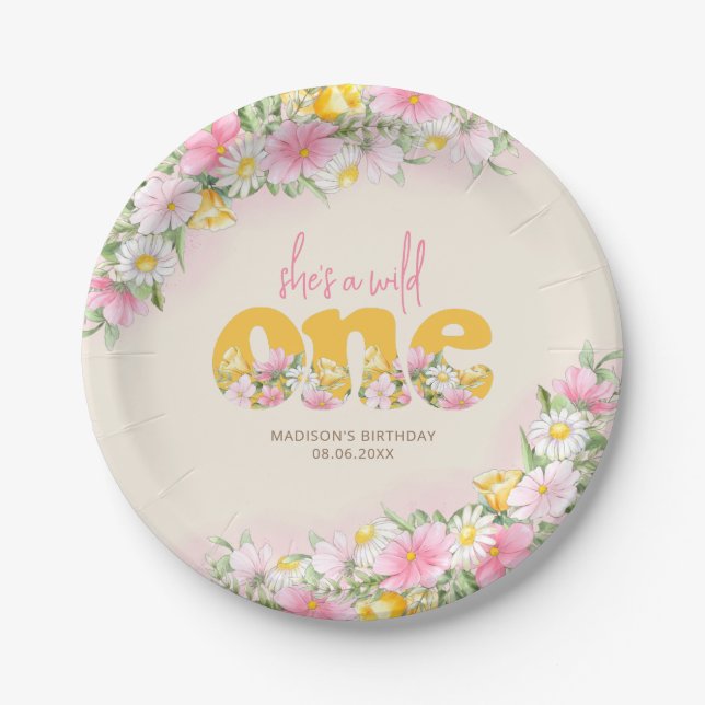 Wild One Mustard & Pink Wildflower Birthday Paper Plates (Front)