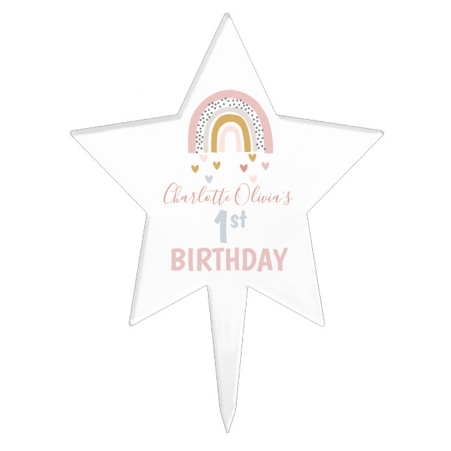 Wild One Muted Rainbow Girl's 1st Birthday Party Cake Topper (Front)