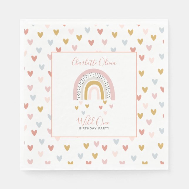 Wild One Muted Rainbow Girl's 1st Birthday Party Napkins (Front)