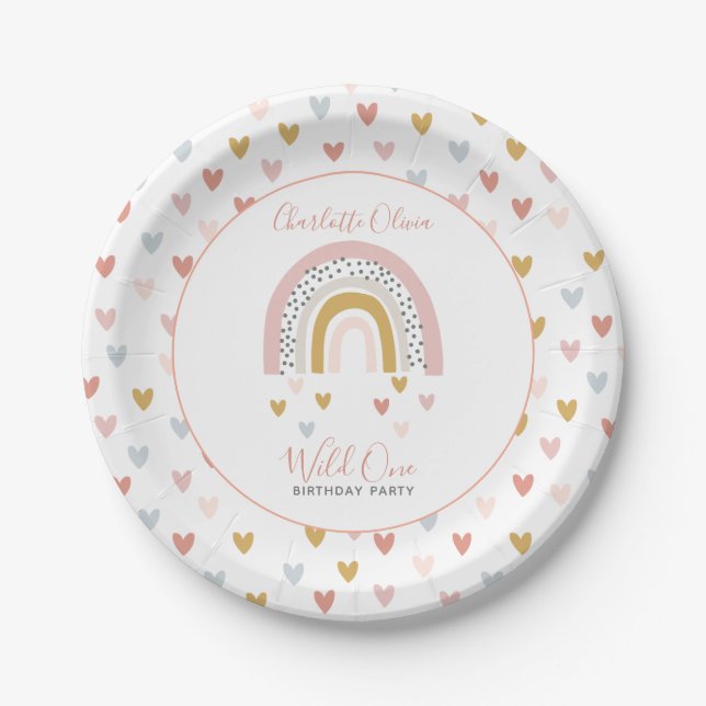 Wild One Muted Rainbow Girl's 1st Birthday Party Paper Plates (Front)
