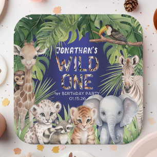 Wild one Navy Blue Safari jungle 1st birthday Paper Plates
