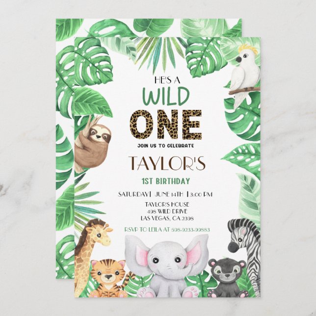 Wild One Neutral Celebration- Safari Adventure! Invitation (Front/Back)