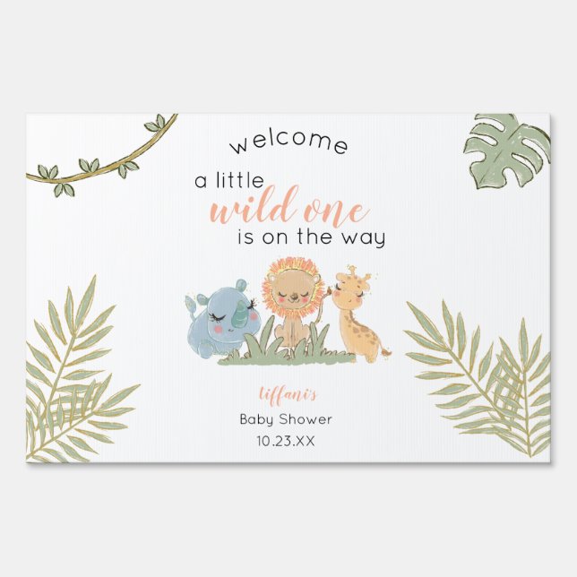 Wild One On The Way Animals Girl Baby Shower Sign (Front)