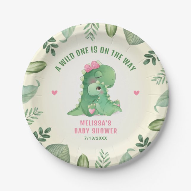 Wild One On The Way Dinosaur Pink Baby Girl Shower Paper Plates (Front)
