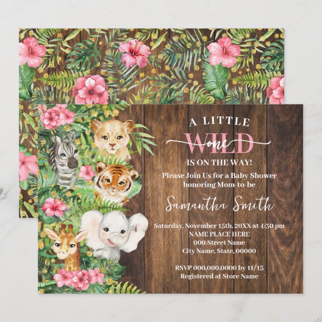 Wild One on the Way Pink Rustic Safari Baby Shower Invitation (Front/Back)