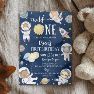 Wild One Outer Space Safari Animals 1st Birthday Invitation