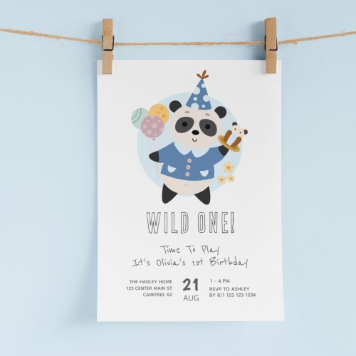 Wild One Panda Bear Blue 1st Birthday Invitation