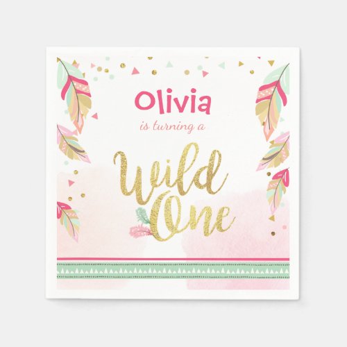 Wild one Paper Napkin Gold Pink Boho Feathers Girl