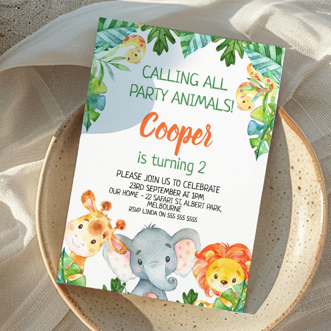 Wild One Party Animal Safari Birthday Invitation (Safari Themed Birthday Invitation Boy, Wild One, Calling All Party Animals, Cute Jungle Animals )