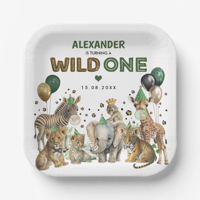 Wild One Party Animals Jungle 1st Birthday Paper Plates (Front)