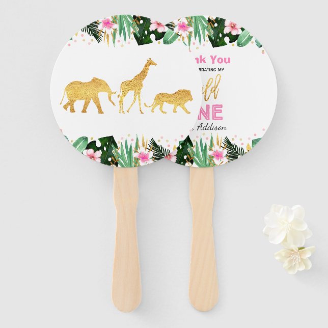 Wild One Party Hand Fan Jungle Animals Party Favor (Front and Back)