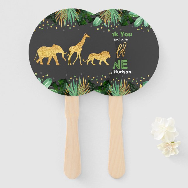 Wild One Party Hand Fan Jungle Animals Party Favor (Front and Back)