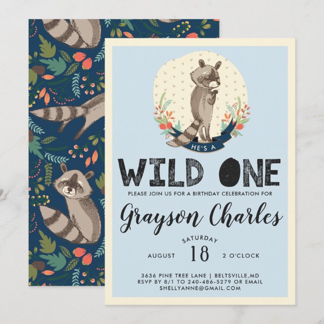 Wild One Party Invitation | Little Raccoon (Front/Back)