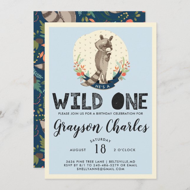 Wild One Party Invitation | Little Raccoon (Front/Back)