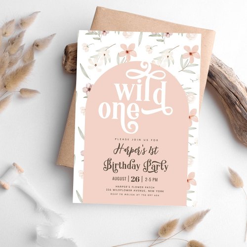 wild one pastel pink wild flower First Birthday  Invitation