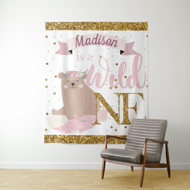 Wild One Personalized First Birthday Girl Tapestry (In Situ)