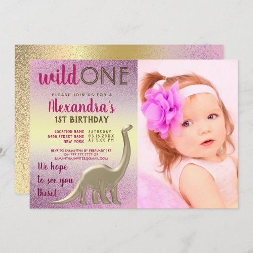 Wild One Photo 1st Birthday Pink and Gold Dinosaur Invitation