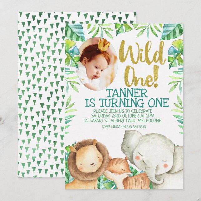 Wild One Photo Birthday Invitation Safari (Front/Back)