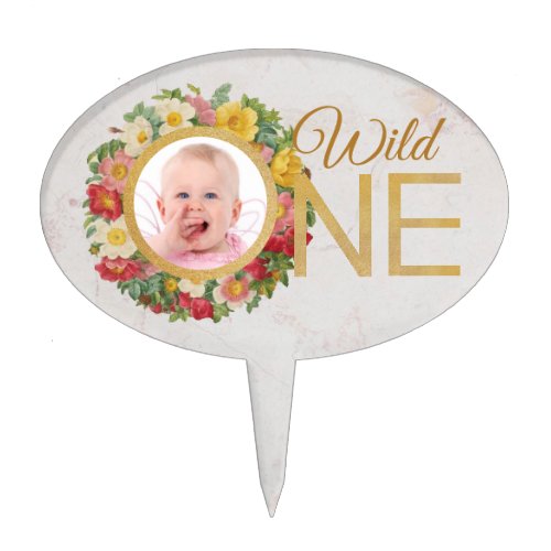 Wild One Photo First Birthday Floral Rose Wreath Cake Topper