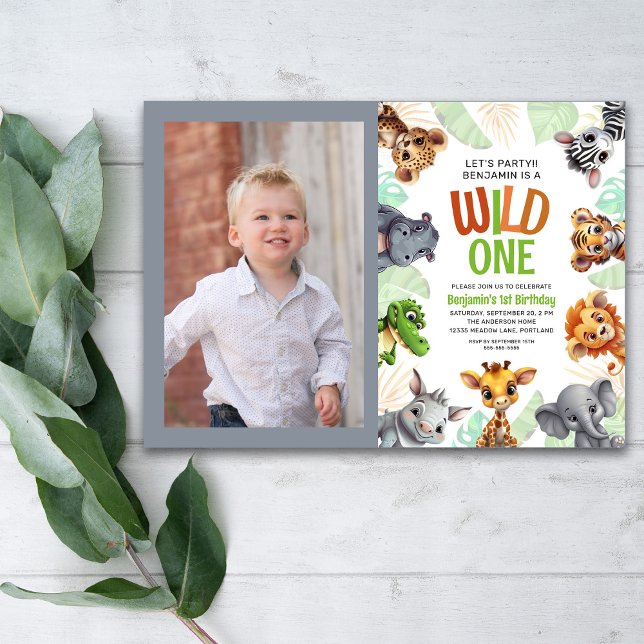 Wild One Photo Jungle Animal Child's 1st Birthday Invitation (Creator Uploaded)
