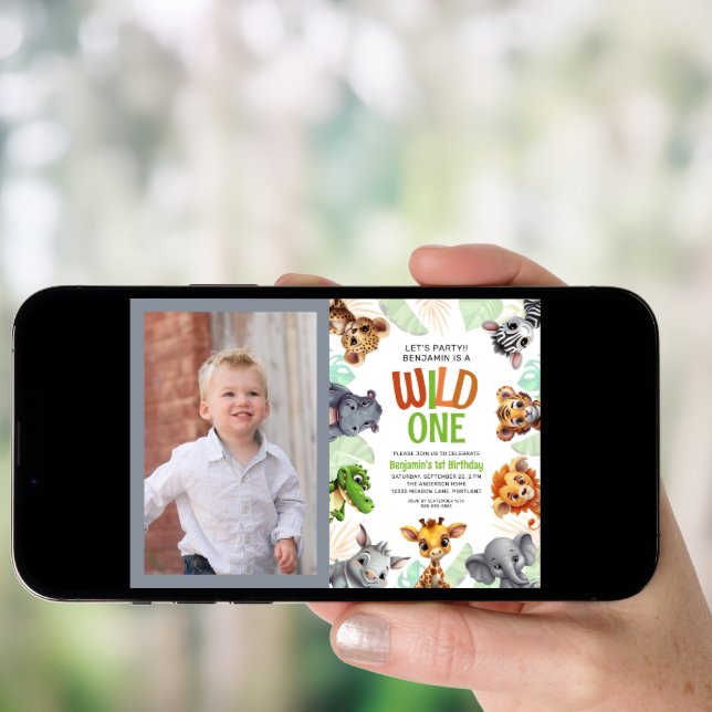 Wild One Photo Jungle Animal Child's 1st Birthday Invitation (Front Digital)