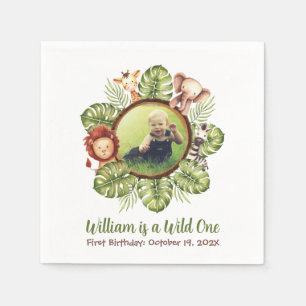 Wild One Photo Jungle Animals Leaves 1st Birthday Napkins
