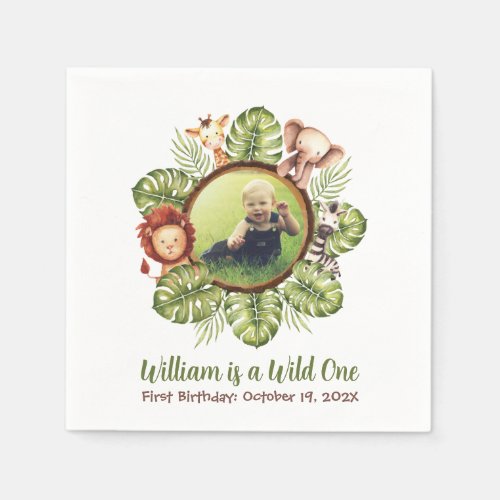 Wild One Photo Jungle Animals Leaves 1st Birthday Napkins