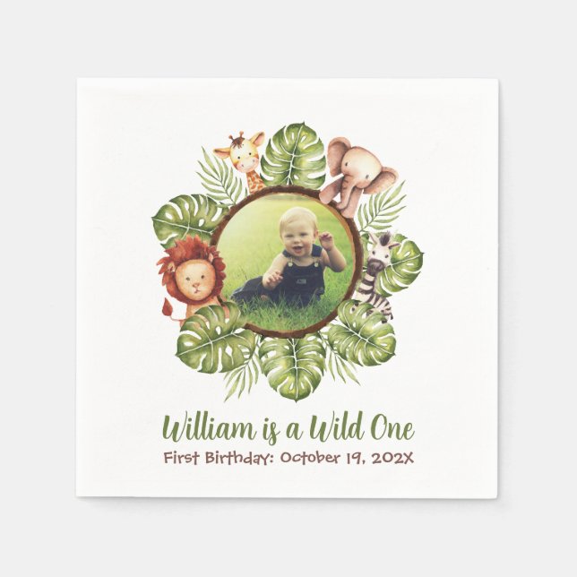 Wild One Photo Jungle Animals Leaves 1st Birthday Napkins (Front)